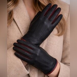 DKNY Black and Burgundy Leather Gloves